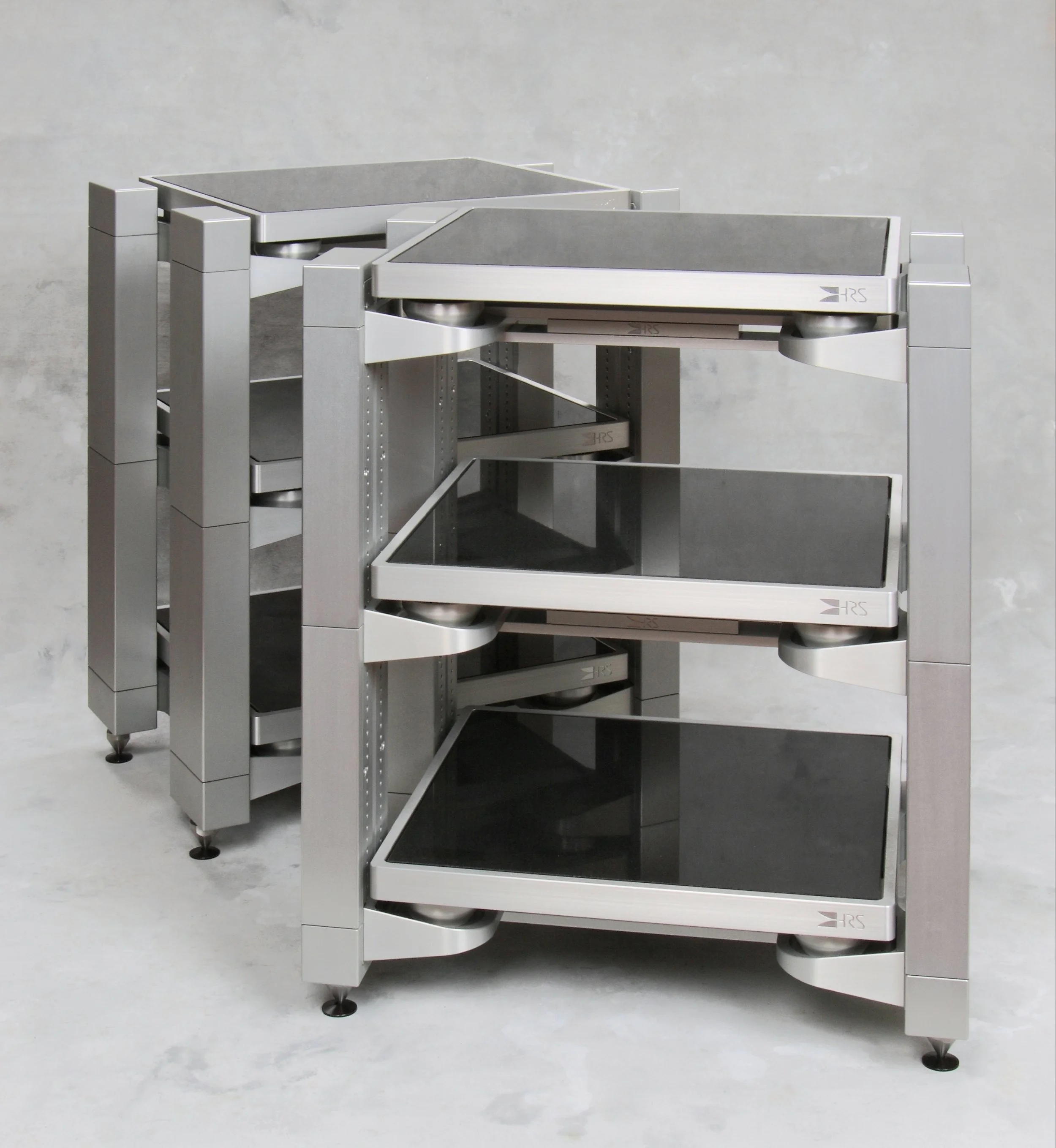 Two Silver VXR-1921-3V Audio Stands with M3X2 Isolation Bases (Angle).jpg